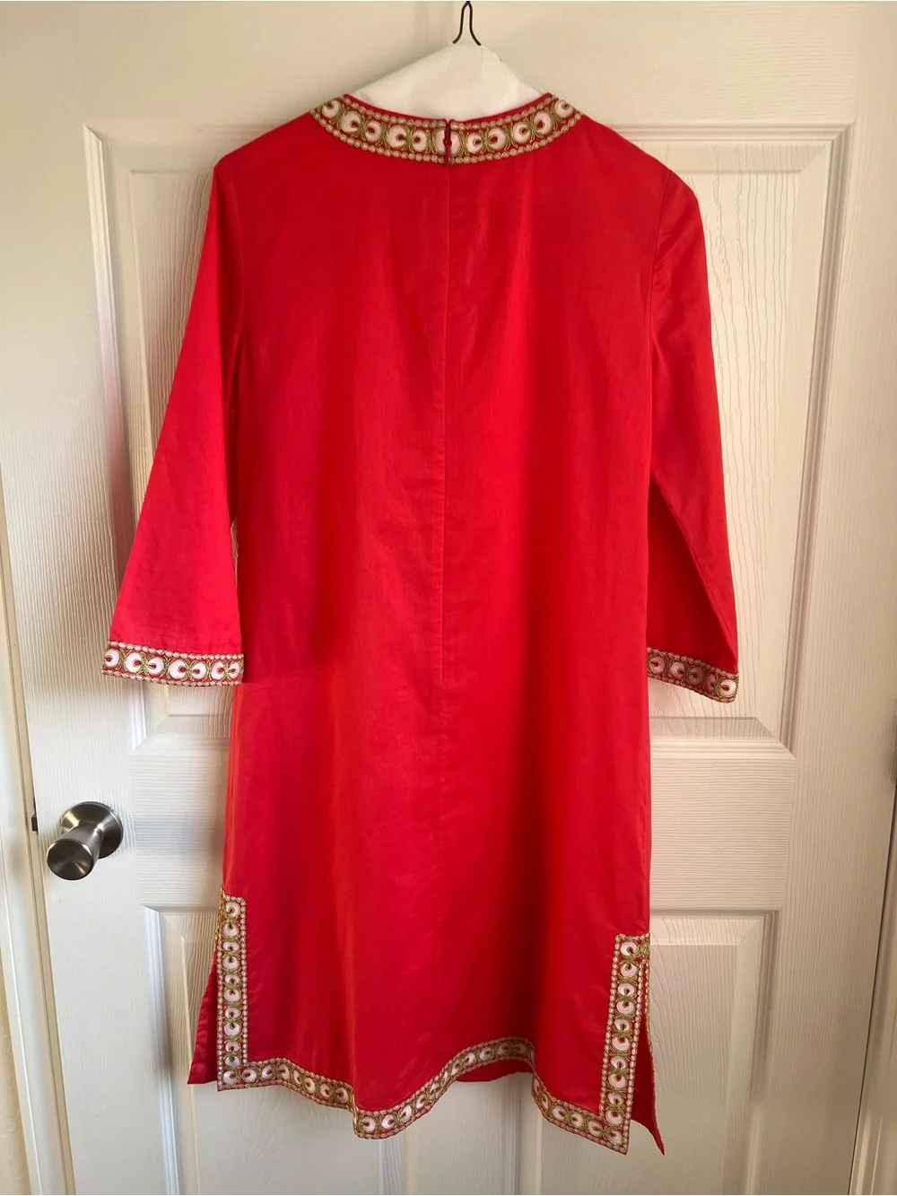 Tory Burch Coral Tunic Dress with Gold & White Embroidery